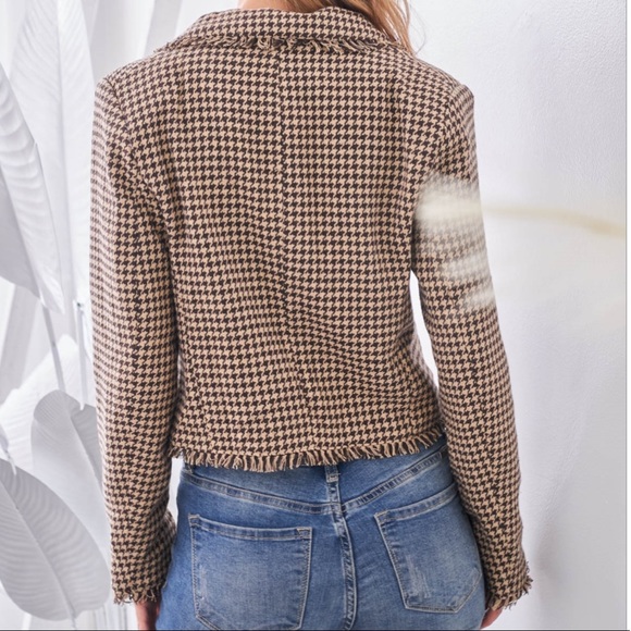 Love Riche Tan Brown Houndstooth Frayed Edging Lined Jacket Blazer NWT - Picture 4 of 16